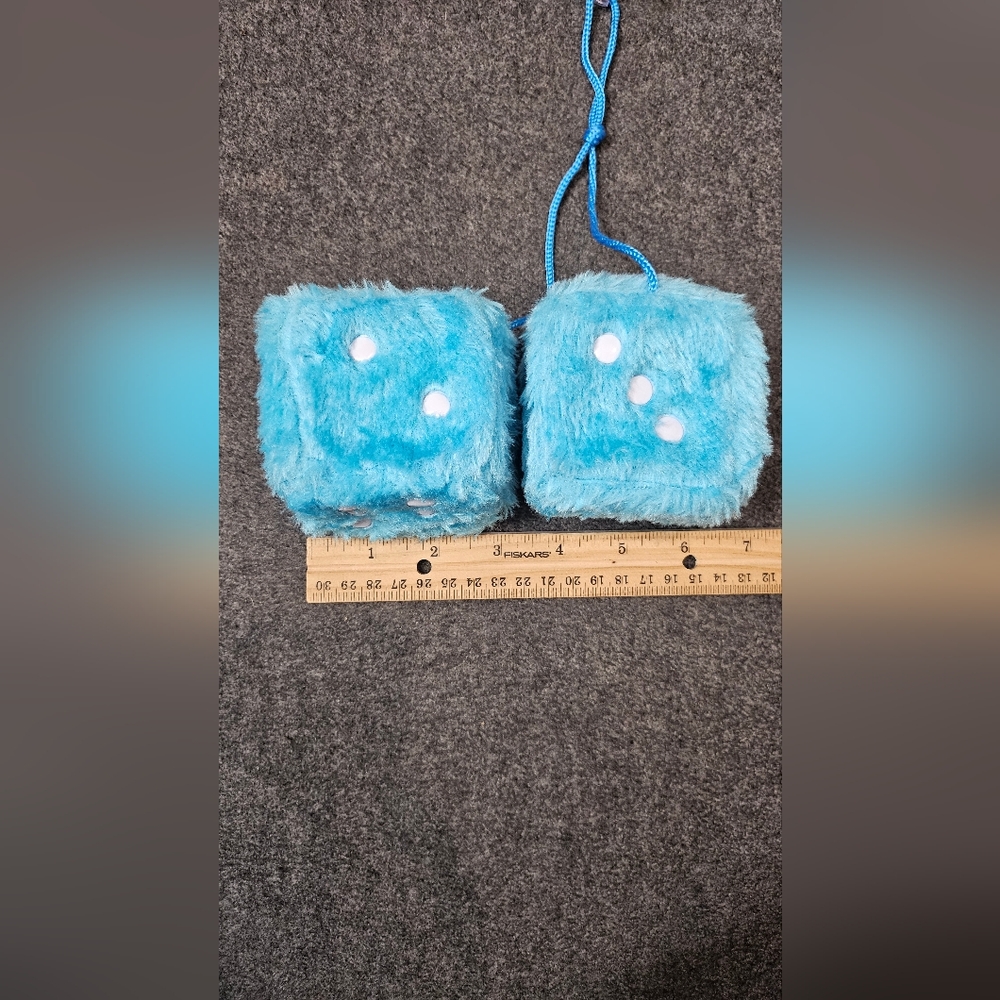 Fluffy Blue Dice Car Mirror Hanging Accessory - Picture 2 of 4